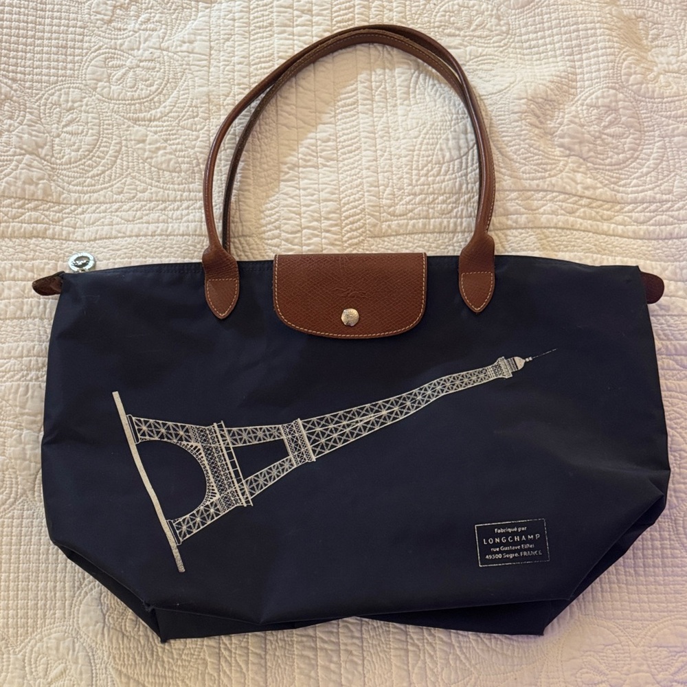 Longchamp Navy and Brown Tote Bag Limited Edition Eiffel Tower